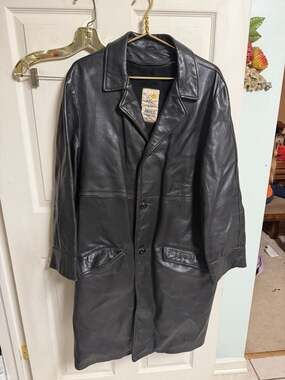 70s 60s Cabretta Leather Black Car Coat Jacket Button Zip Liner USA Med 48w 42L